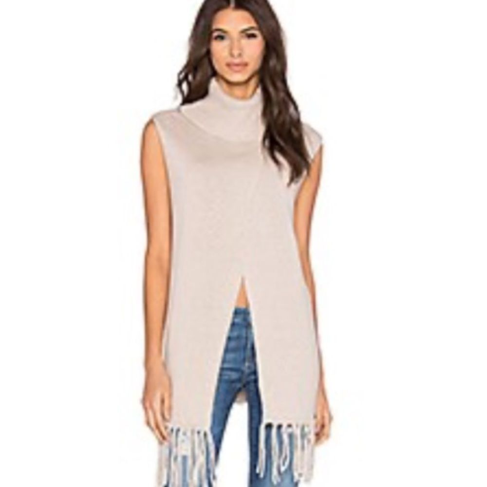 BCBGenerations Tan knit Fringe Trim Sleeveless Cowl Neck Tunic Sweater Top S NEW